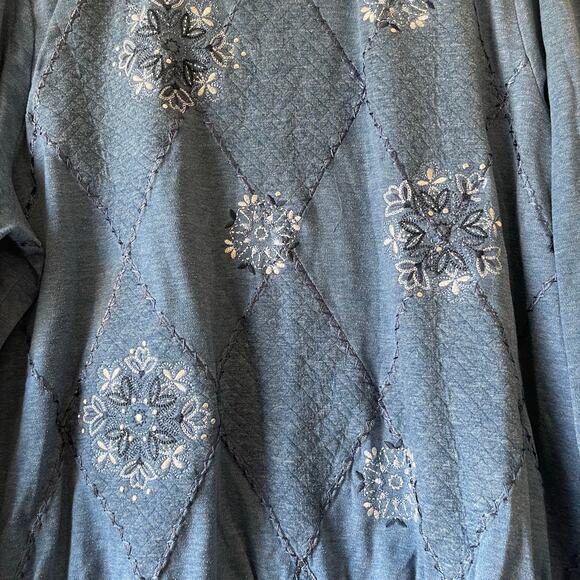 Vintage patchwork embroidered detail blue cozy sweater size x2 - Picture 2 of 6